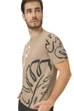 Camiseta Masculina de Algodão Estampa Folha Cor Sisal