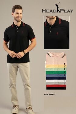 Camisa Polo Masculina Plus Size Algodão Cor Preto Head Play  - 46327