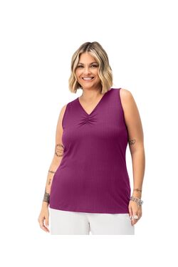 Regata Plus Size Secret Glam Canelada com Franzido no Decote – Viscose com Elastano