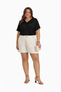 Blusa Plus Size Secret Glam Manga Curta em Viscotorcion com Decote V Trançado – G1 ao G4