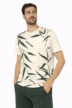 Camiseta Masculina Slim Estampada Folha Rovitex Off White – Algodão