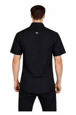 Camisa Masculina Sarja Manga Curta Preto - R Sete - Dois Bolsos - 53671