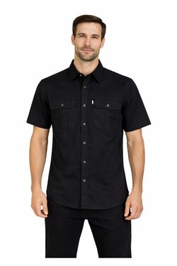 Camisa Masculina Sarja Manga Curta Preto - R Sete - Dois Bolsos