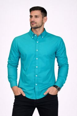 Camisa Masculina Slim Fit Manga Longa Verde com Elastano Six One