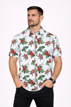 Camisa Masculina Viscose Estampada Manga Curta Branca Rovitex