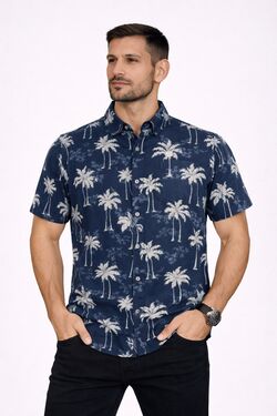 Camisa Masculina Viscose Estampada Manga Curta Marinho Rovitex
