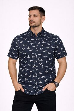 Camisa Masculina Estampada Birds Manga Curta Preta Six One