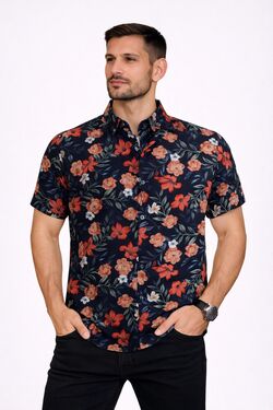 Camisa Masculina Viscose Estampada Manga Curta Preto Six One