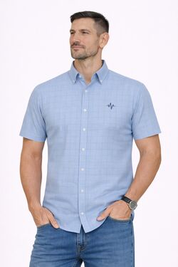 Camisa Masculina Tricoline Quadriculada Azul Manga Curta Regular Caw