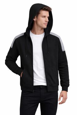 Blusão Masculino Moletom com Capuz Preto com Zíper Detalhe Mescla