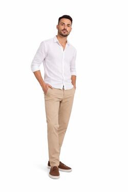 Calça Chino Cropped Masculina Bege Sarja Stretch Moderna