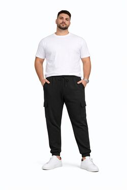 Calça Cargo Moletom Plus Size Preto Diametro com Bolsos Laterais