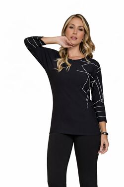 Blusa Feminina Plus Size Miravest Preta Manga 3/4 Estampa Branca