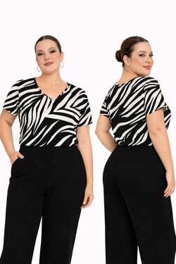 Blusa Plus Size Estampada Preto Rovitex em Viscose com Elastano
