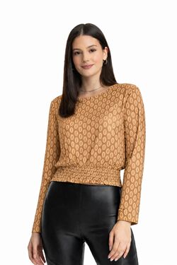 Blusa Cropped Slim Manga Longa Estampada com Elástico na Cintura em Viscose com Elastano - 54045