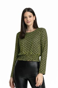Blusa Cropped Slim Manga Longa Estampada com Elástico na Cintura em Viscose com Elastano