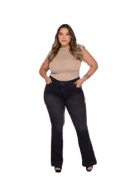 Calça Jeans Flare Plus Size Preta Shyros com Elastano