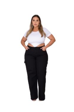 Calça Cargo Plus Size Preta Shyros em Brim 100% Algodão com 6 Bolsos