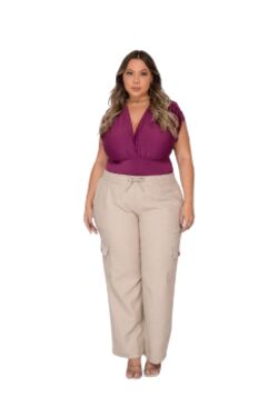 Calça Cargo Plus Size Wide Leg Shyros em Linho com Elástico e Cordão