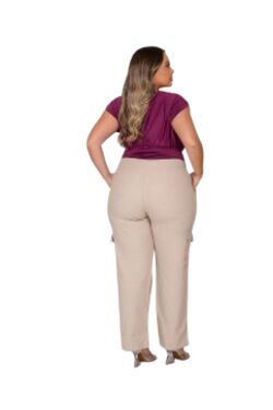 Calça Cargo Plus Size Wide Leg Shyros em Linho com Elástico e Cordão - 54067