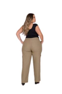 Calça Cargo Plus Size Wide Leg Shyros em Linho Caqui com Elástico e Cordão - 54068
