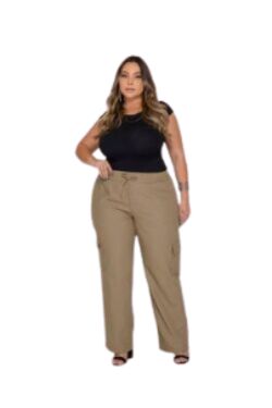 Calça Cargo Plus Size Wide Leg Shyros em Linho Caqui com Elástico e Cordão