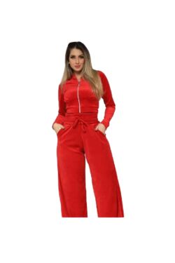 Calça Pantalona Feminina em Plush Vermelho FitWell com Cintura Elástica