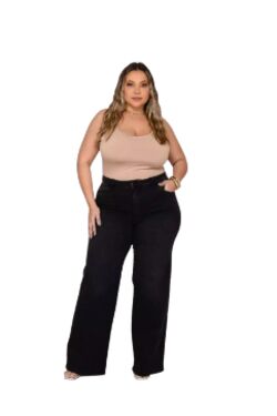 6 - Calça Jeans Wide Leg Plus Size Preta Shyros com Elastano