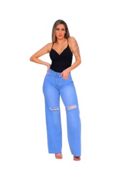 Calça Jeans Wide Leg Feminina Azul Claro Destroyed Shyros