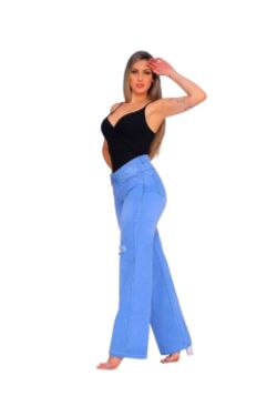 Calça Jeans Wide Leg Feminina Azul Claro Destroyed Shyros - 54107