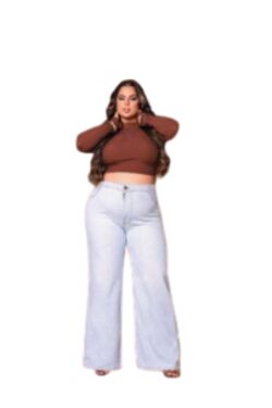 Calça Jeans Wide Leg Plus Size Azul Claro Credencial com Elastano