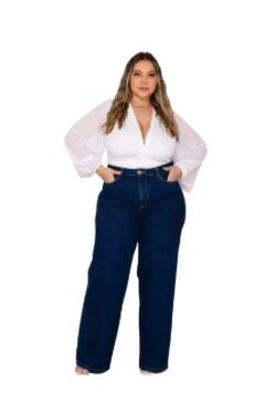Calça Jeans Wide Leg Plus Size Azul Shyros Cintura Alta