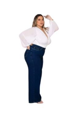 Calça Jeans Wide Leg Plus Size Azul Shyros Cintura Alta - 54116