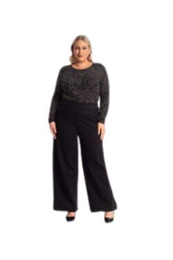 Calça Pantalona Plus Size Preta Secret em Ponto Roma com Cintura Elástica