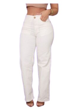 Calça Wide Leg Feminina Sarja Off White Deerf Cintura Alta