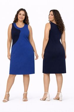 Vestido Plus Size Canelado Reto Azul Viscose com Elastano Secret