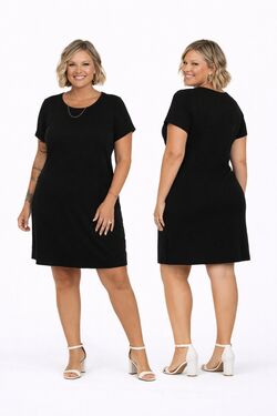 Vestido Plus Size Canelado Reto Preto Viscose com Elastano Secret