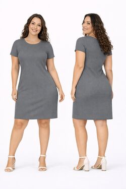 Vestido Plus Size Canelado Reto Chumbo Viscose com Elastano Secret