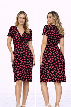 Vestido Feminino Slim Rovitex em Malha Viscose Floral com Decote V