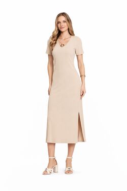 Vestido Midi Feminino Areia Canelado com Decote Diferenciado Rovitex