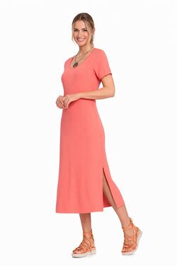 Vestido Midi Feminino Coral Canelado com Decote Diferenciado Rovitex