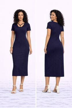 Vestido Midi Feminino Marinho Canelado com Decote Diferenciado Rovitex
