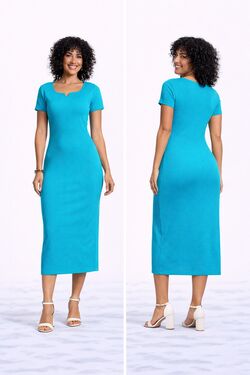 Vestido Midi Feminino Azul em Ribana Canelada com Elastano Rovitex