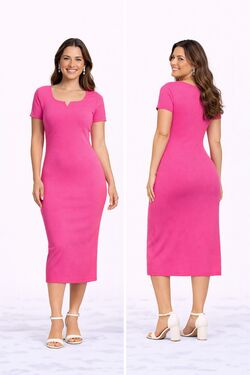 Vestido Midi Feminino Rosa em Ribana Canelada com Elastano Rovitex