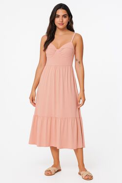 Vestido Midi Feminino de Alça Rosa FitWell com Babado na Barra