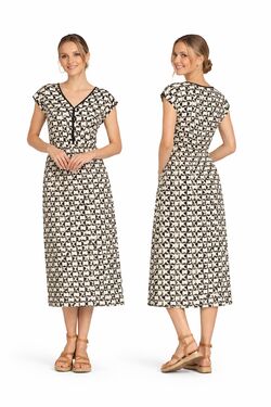 Vestido Midi Feminino Estampado Rovitex em Viscose com Gola V