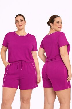 Conjunto Plus Size Blusa e Shorts Lilás Rovitex em Malha com Friso Lateral