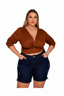 Short Jeans Feminino Plus Size Meia Coxa Shyros Destroyed com Elastano