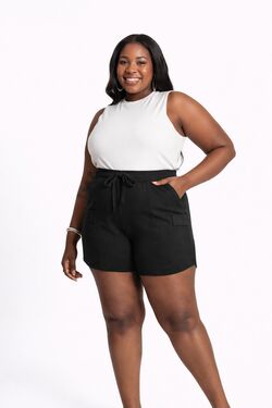 Short Feminino Plus Size Preto em Malha Rovitex com Elastano e Cintura Ajustável