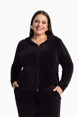 Jaqueta Plush Plus Size Feminina com Capuz e Zíper Cor Preto